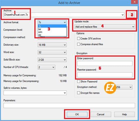 giao diện thiết lập file nén 7 zip