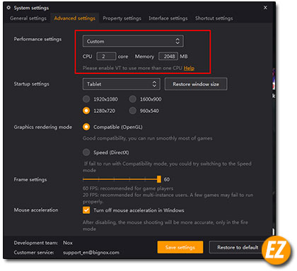 tự chỉnh ram và các core cpu tại Nox App Player
