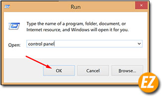 Vào control panel bằng hộp thoại run