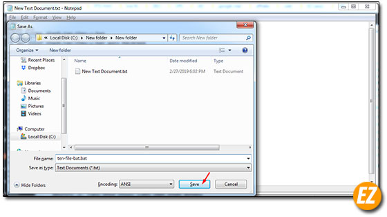 Lưu file dưới đuôi .bat