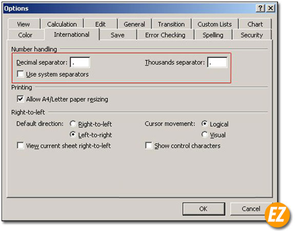 Thiết lấp chuyển dấu phẩy thành dấu chấm trên excel 2003