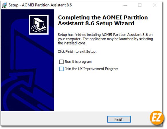Thông báo cài đặt phần mềm AOMEI Partition Assistant hoàn tất