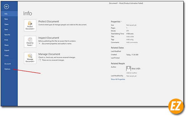 Vào options trang word