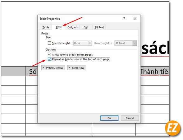 Chọn Repeat as header row at the top of each page