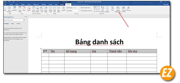 Chọn repeat header rows