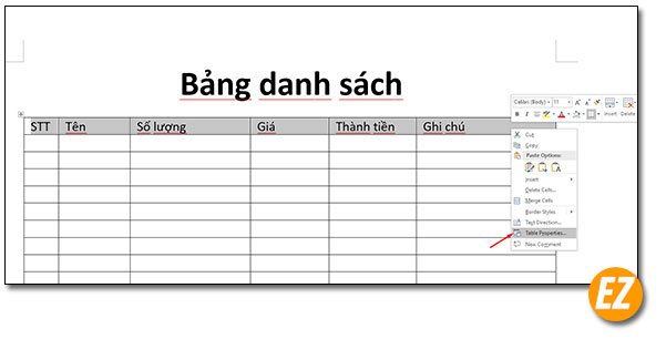 Chọn table properties