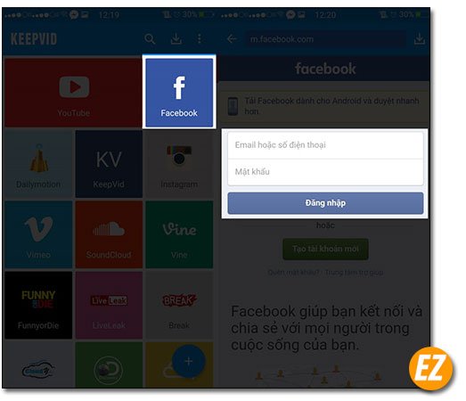 Đăng nhập tài khoản facebook trên app