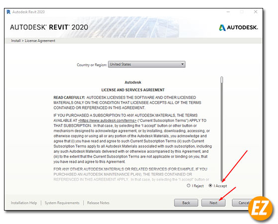 Đồng ý điều khoản cài đặt phần mềm autodesk revit 2020