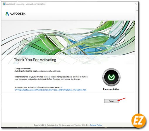 Thông báo kích hoạt thành công phần mềm Autodesk Recap 2020