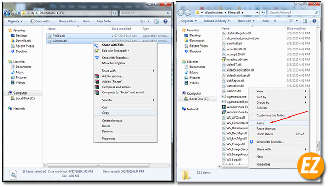 Coppy file kích hoạt vào thư mục cài đặt phần mềm Wondershare filmora 9