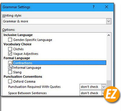 Bỏ tích tại mục Contractions bỏ gạch đỏ trong word