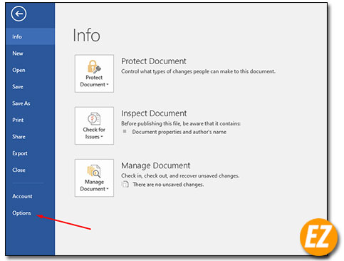 Chọn Options - bỏ gạch đỏ trong word
