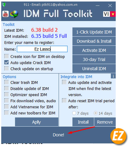Kích hoạt IDM toolkit thành công