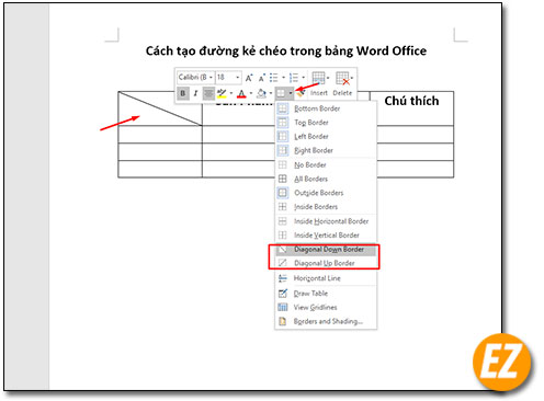 Cách tạo đường chéo trong word