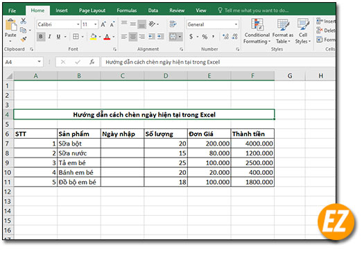 Chuẩn bị chèn ngày hiện tịa voà Excel