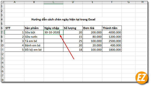 Kết quả nhần được sau khi chèn ngày hiện tại trong excel