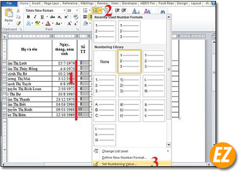 Cách đánh số thứ tự trong bảng nhanh chóng của Word