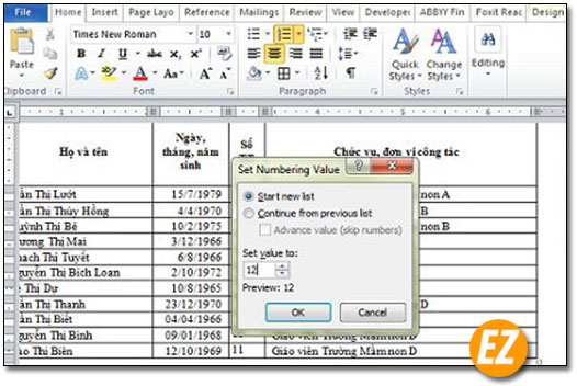 Cách đánh số thứ tự trong bảng nhanh chóng của Word
