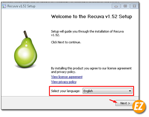 Chọn ngôn ngữ cài đặt phần mềm Recuva Pro 1.53