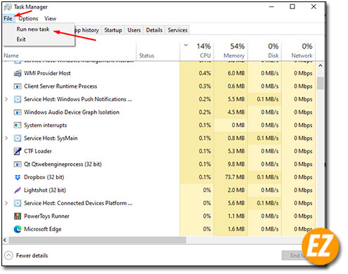 Mở một task mới trong task manager