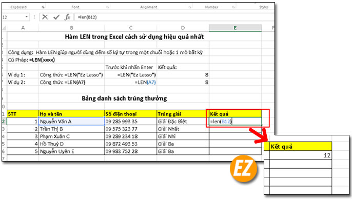 Sử dụng hàm LEN đếm số từ trong ô cần thiết