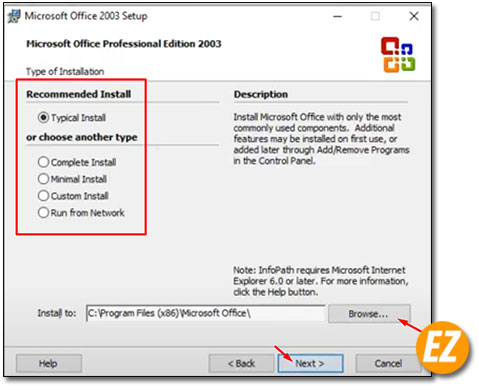 Chọn chế độ cài đặt và thư mục cài đặt phần mềm Microsoft office 2003