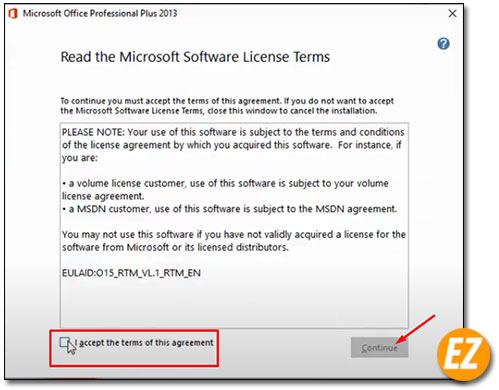 Đồng ý chính sách cài đặt phần mềm Microsoft Office 2013