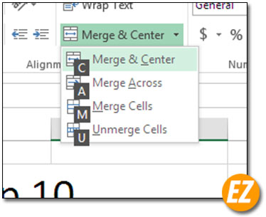 Chọn phím tắt trong danh sách merge center