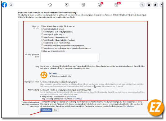 Điền thông tin và chọn vô hiệu hoá tài khoản facebook - cách khoá mess tạm thời