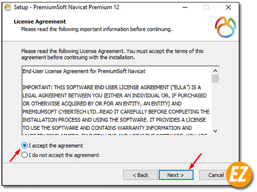 Đồng ý các điều khoản cài đặt phần mềm Navicat Premium 12 Full Key