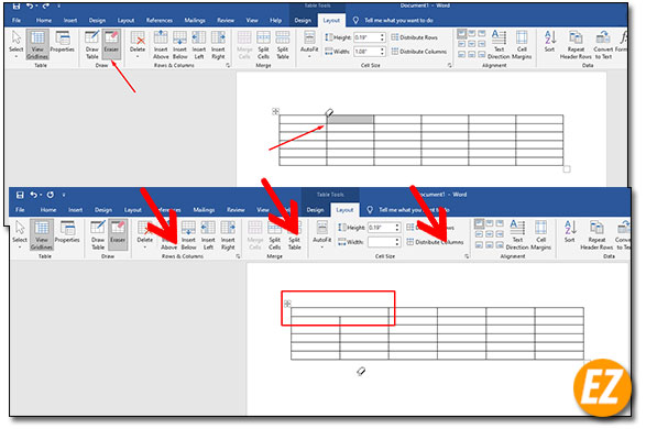 dùng công cụ xoá nét để gộp ô trong bảng word