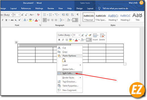Tách ô trong bảng word