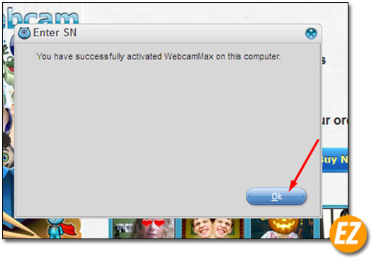 Thông báo kích hoạt phần mềm Webcammax 8