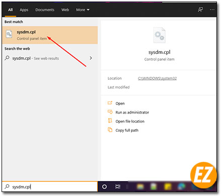Tìm kiếm sysdm.cpl