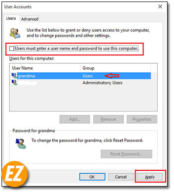 Chọn user và bỏ tích mật khẩu