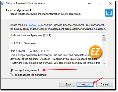 Đồng ý quá trình cài đặt phần mềm Aiseesoft data Recovery