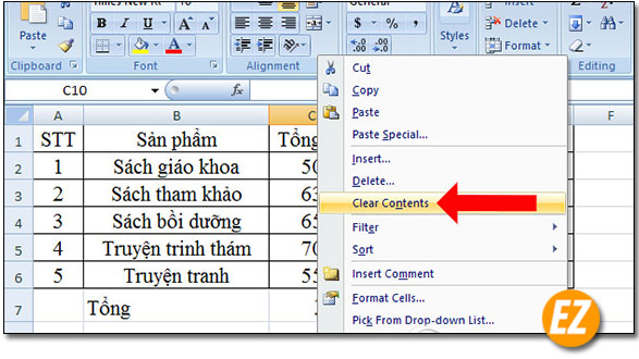 Chọn clear contents