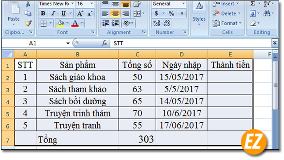 Ví dụ bảng dữ liệu cần xoá công thức