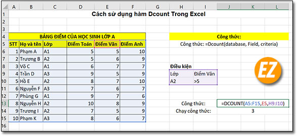 ví dụ hàm dcount với điều kiện đếm số học sinh lớp a2 và điểm văn trên 5