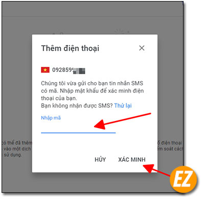 Nhập mã xác nhận gọi về số điện thoại