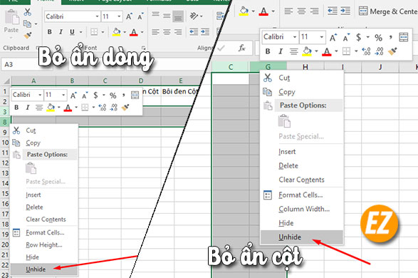 Bỏ ẩn cột, bỏ ẩn dòng