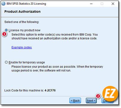Chọn kích hoạt bảng quyền bằng code Product SPSS 20
