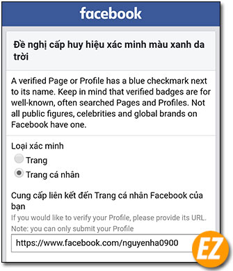Đăng ký dấu tích xanh trang cá nhân Facebook