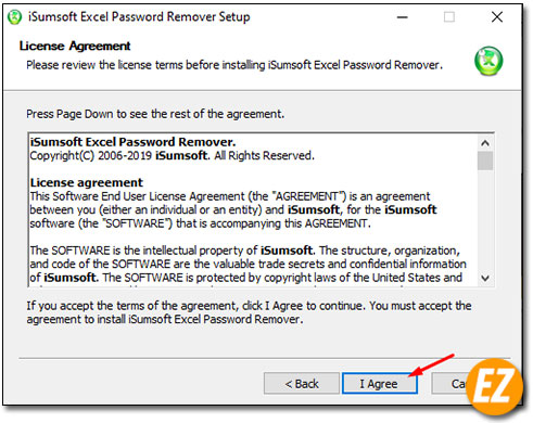 Đồng ý chính sách cài đặt phần mềm iSumsoft Excel Password Remover