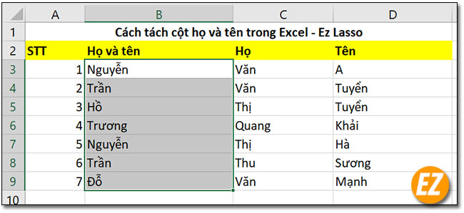 Kết quả sau khi tách họ và tên trong Excel