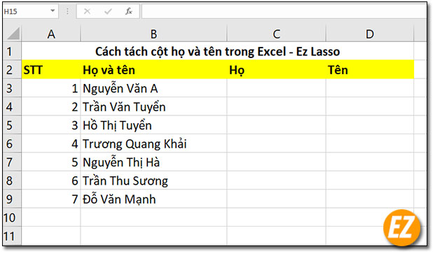 Ví dụ minh hoạ tách cột họ và tên trong Excel