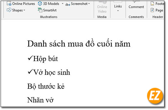 Kết quả sau khi chèn dấu tích trong word