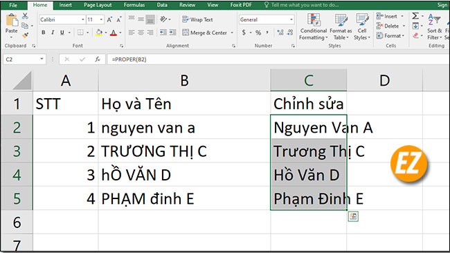 Hàm viết hoa chữ cái đầu trong Excel bằng hàm Proper