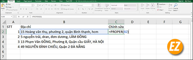 Hàm viết hoa chữ cái đầu trong Excel bằng hàm Proper