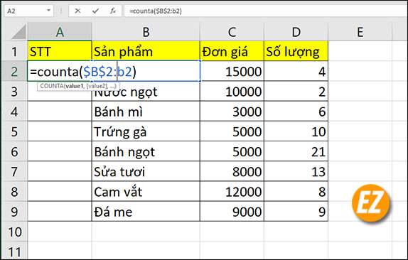 Sử dụng hàm CountA